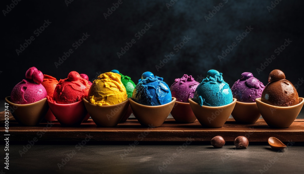 Multi colored gourmet dessert bowl with chocolate, candy, and homemade ice cream generated by AI