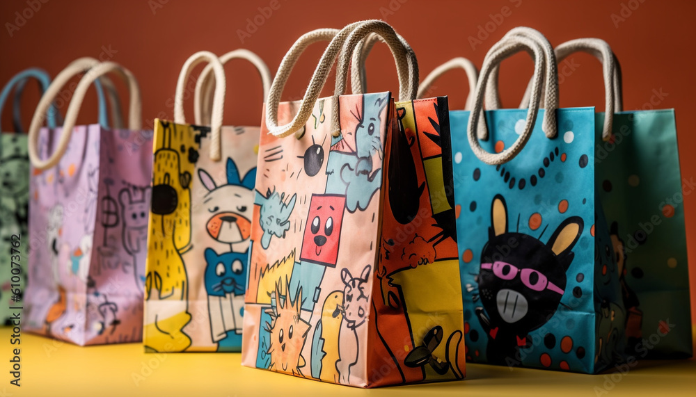 Multi colored shopping bag carrying cute dog, perfect gift for celebration generated by AI