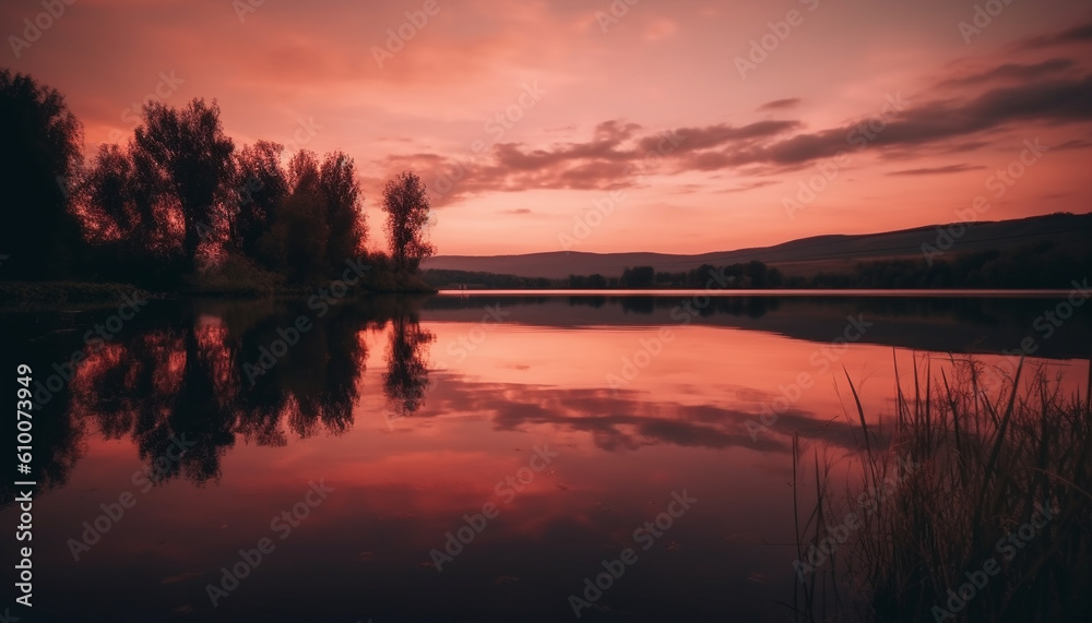 Tranquil scene of nature beauty in sunset reflection over water generated by AI