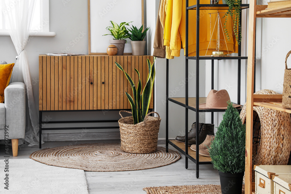 Shelving unit with clothes and shoes in living room