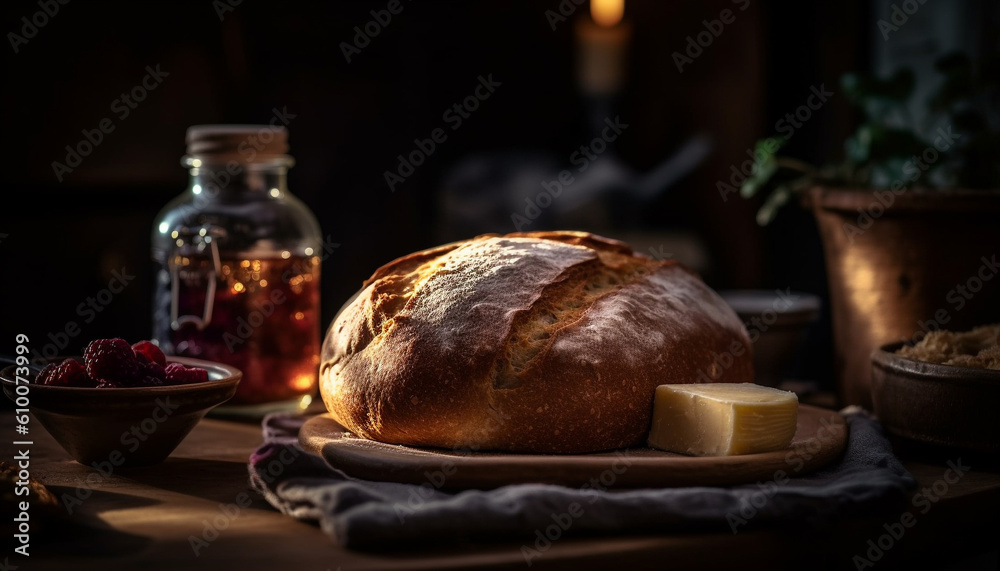 Rustic homemade meal on wooden table with fresh organic bread generated by AI