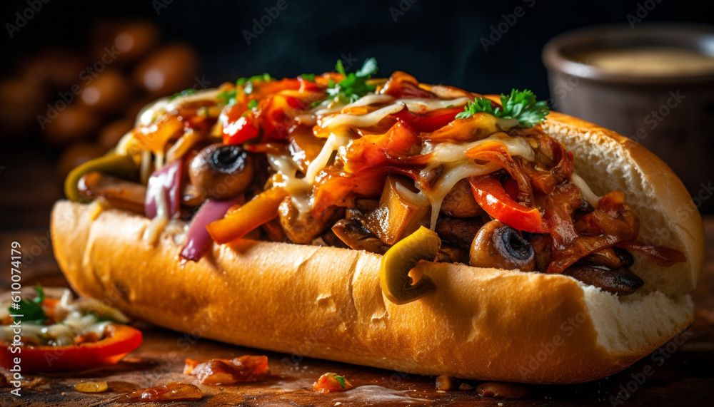 Grilled beef hot dog on a bun with onion and tomato generated by AI