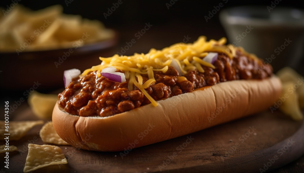 Grilled beef meal on rustic table with hot dog and fries generated by AI