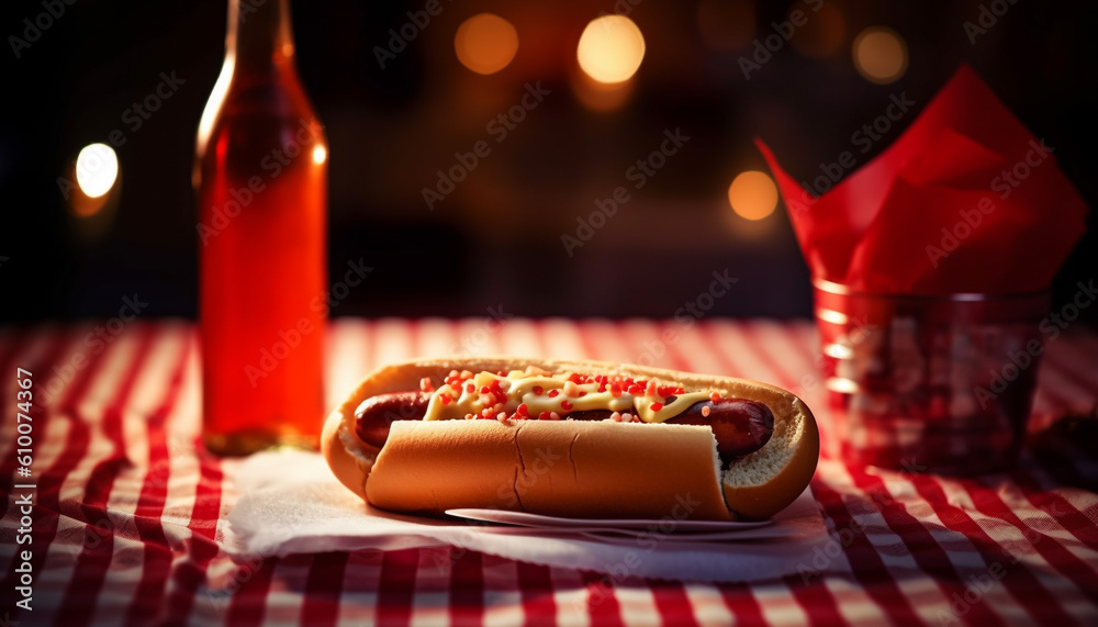 Grilled hot dog meal on picnic tablecloth, unhealthy eating celebration generated by AI