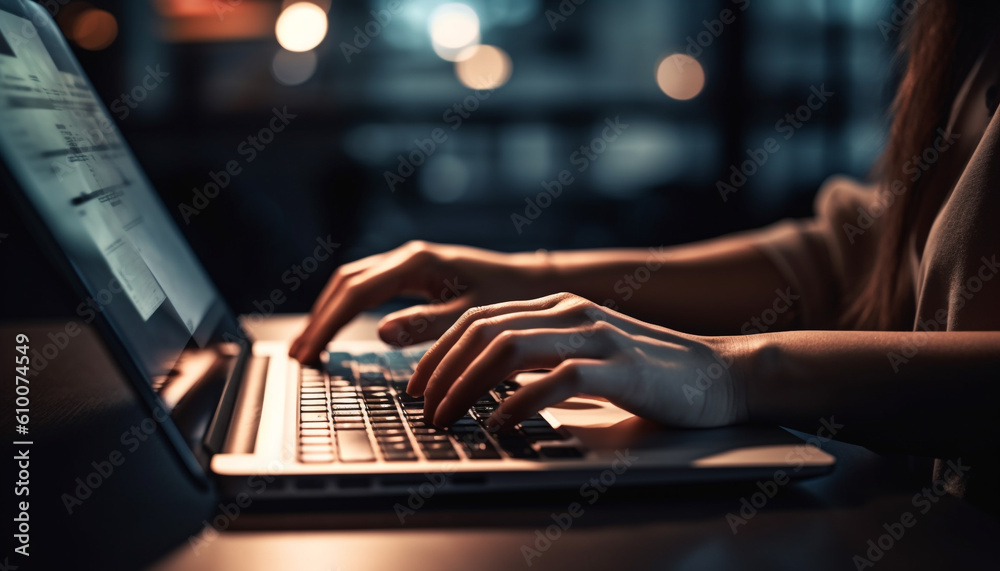 Busy businessman working late, using laptop and surfing the net generated by AI