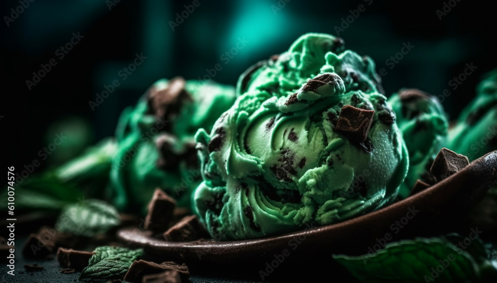 Indulgent homemade chocolate fudge ice cream with fresh mint leaves generated by AI