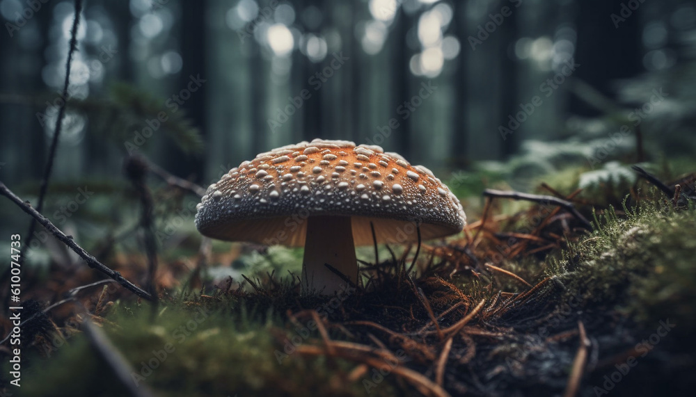 Spotted toadstool growth on uncultivated forest floor, poisonous fungus generated by AI