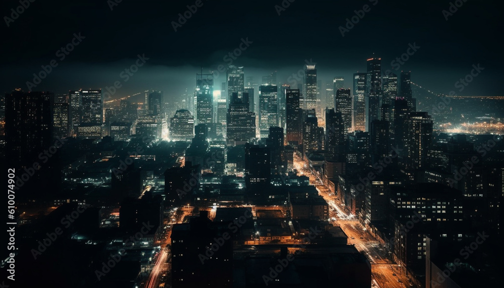 Abstract cityscape illuminated by multi colored skyscrapers at night generated by AI