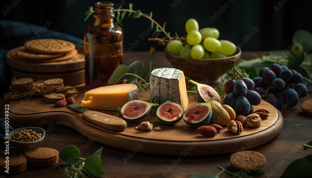 Rustic table with gourmet appetizers prosciutto, camembert, fig, and wine generated by AI