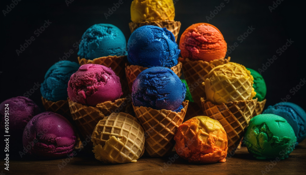 Multi colored ice cream balls on cones, a gourmet indulgence generated by AI