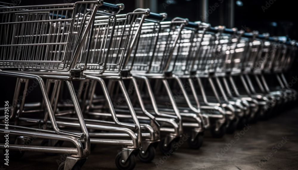 Large metal shopping cart in empty supermarket aisle with luggage cart generated by AI