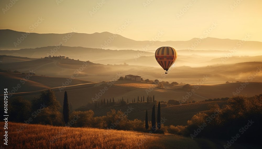 Multi colored hot air balloon floats over tranquil rural landscape generated by AI