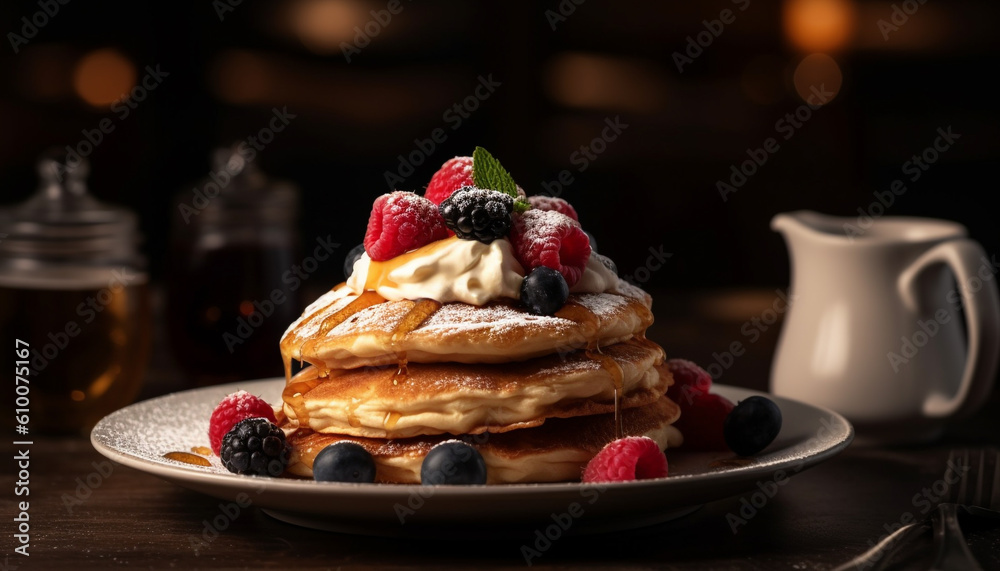 Healthy homemade berry pancakes with raspberry syrup on rustic plate generated by AI