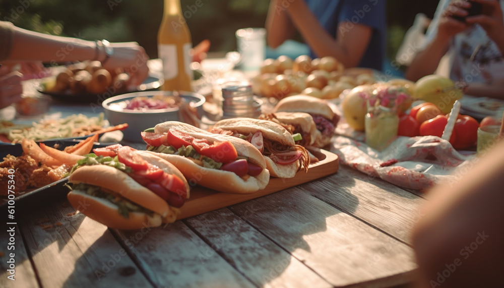 Grilled meat and veggies on picnic table, perfect summer lunch generated by AI