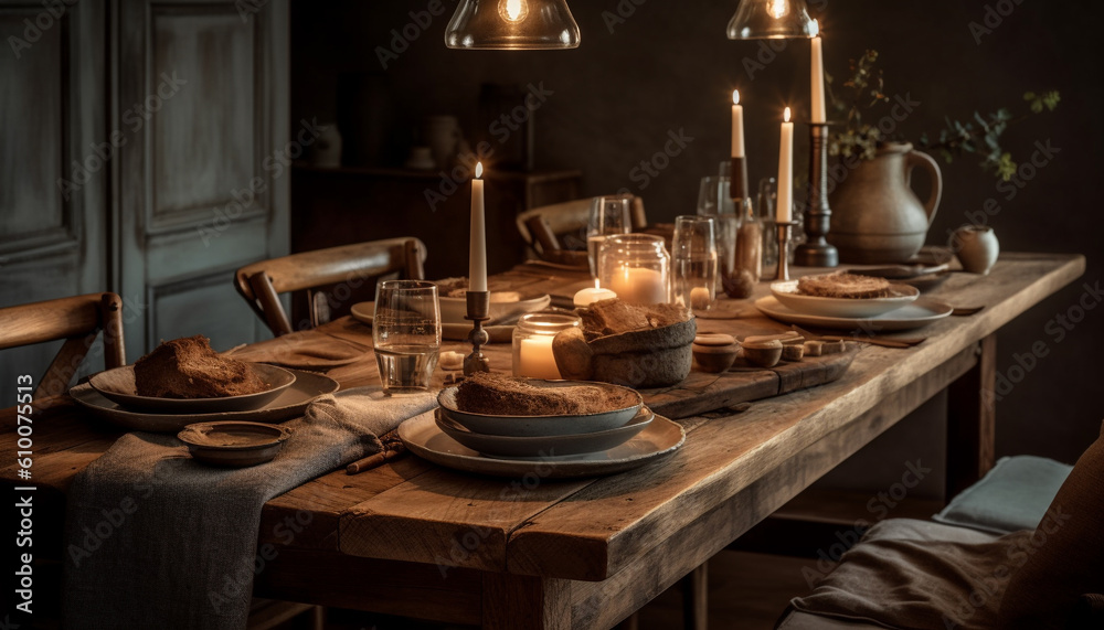 Rustic table decoration with homemade gourmet dessert and candlelight ambiance generated by AI