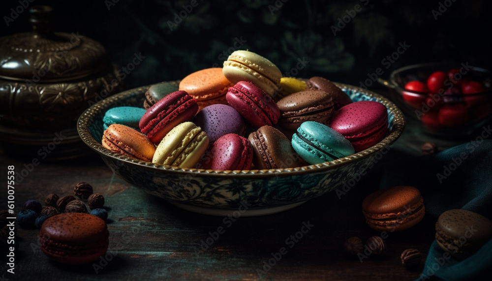 French macaroon stack on rustic wood table, a gourmet indulgence generated by AI