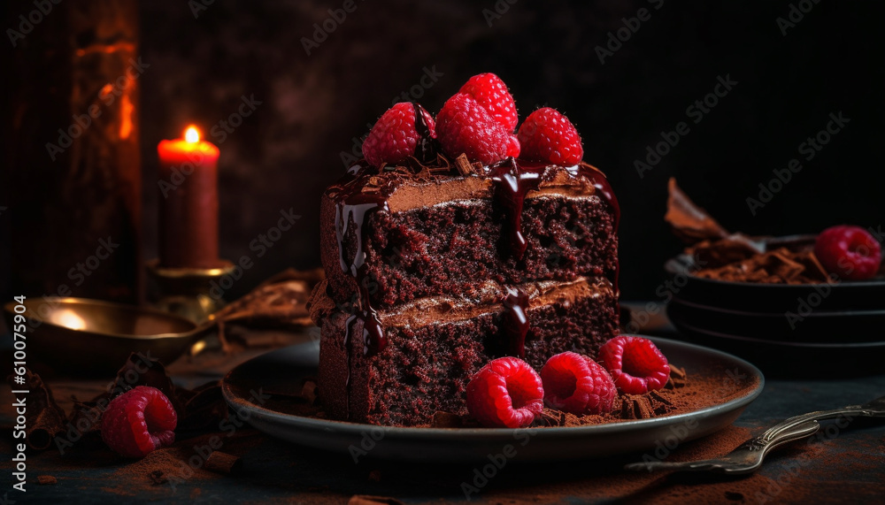 Homemade chocolate raspberry brownie on rustic wood plate with decoration generated by AI