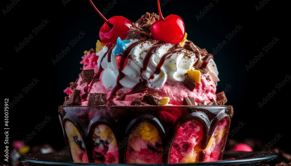 Indulgent dessert plate with chocolate, fruit, and whipped cream decoration generated by AI