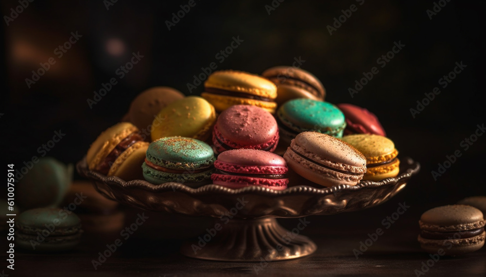 A high angle view of a homemade gourmet macaroon stack generated by AI