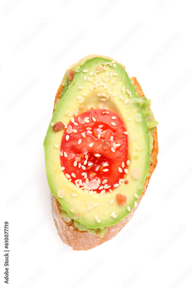 Tasty bruschetta with avocado and tomato on white background