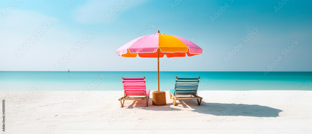 colorful parasol and beach bed with blue sky and white beach. Generative ai 