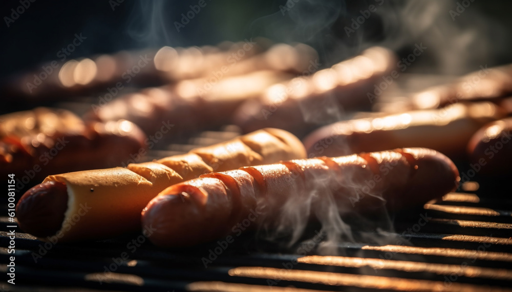 Grilled meat on skewers over glowing coal, perfect summer barbecue generated by AI