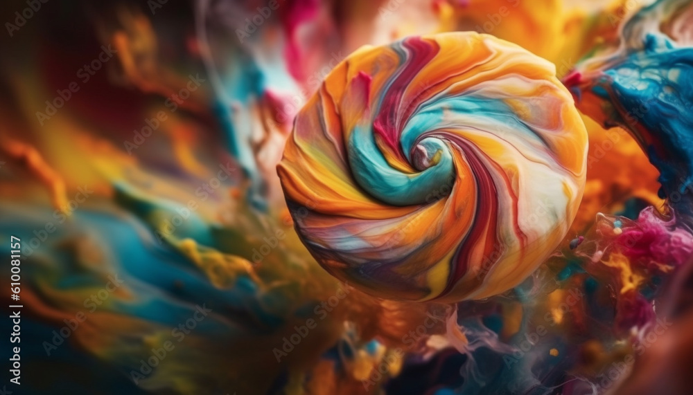 Vibrant candy spiral explodes with colorful abstract shapes and joy generated by AI