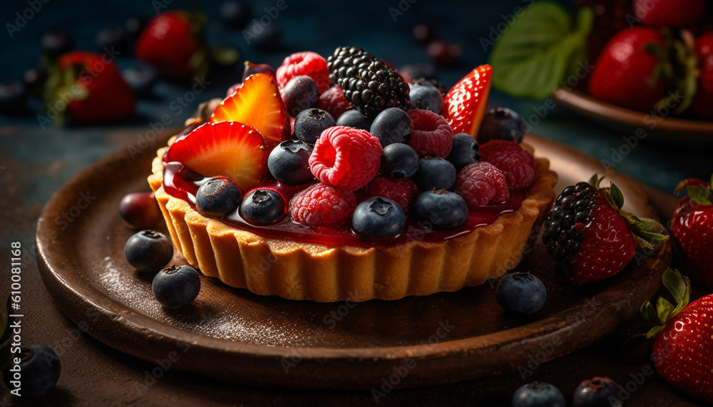 A rustic homemade sweet pie with fresh berry fruit toppings generated by AI