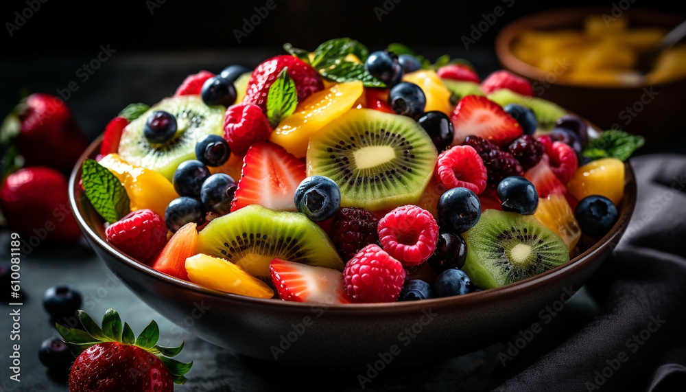 Healthy gourmet fruit salad with multi colored berries on rustic table generated by AI