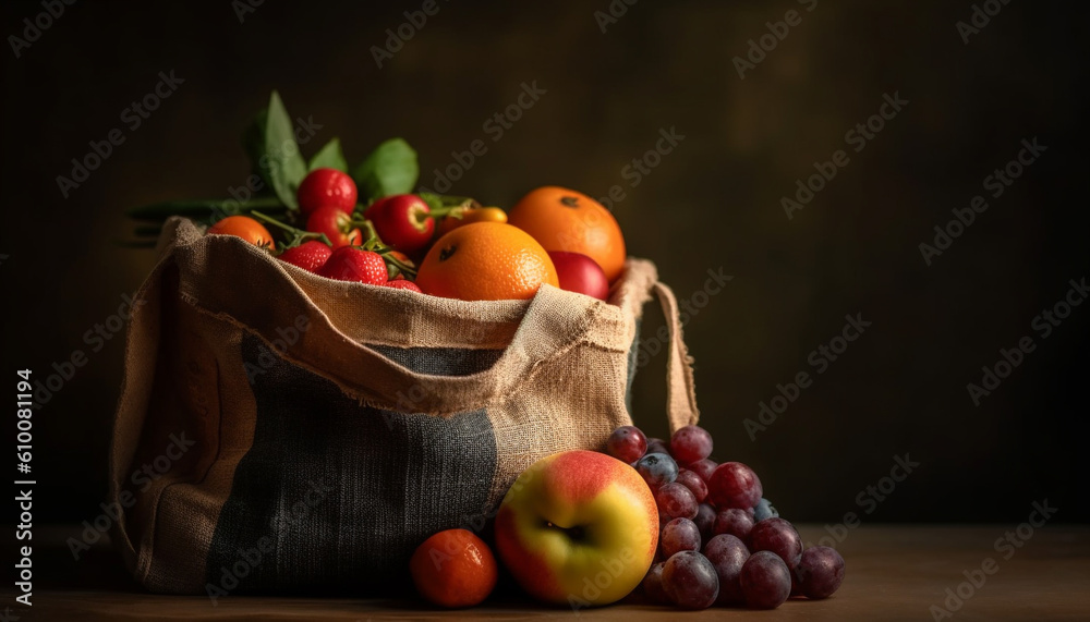 Organic fruit basket ripe tomatoes, juicy grapes, and tangerines generated by AI