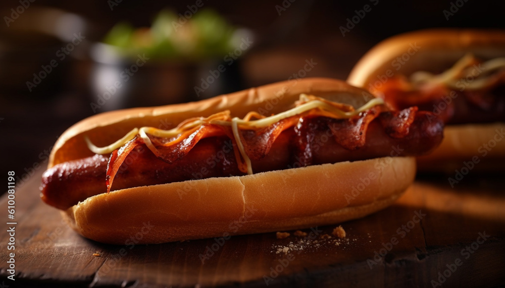 Grilled beef hot dog on rustic bun with ketchup and fries generated by AI