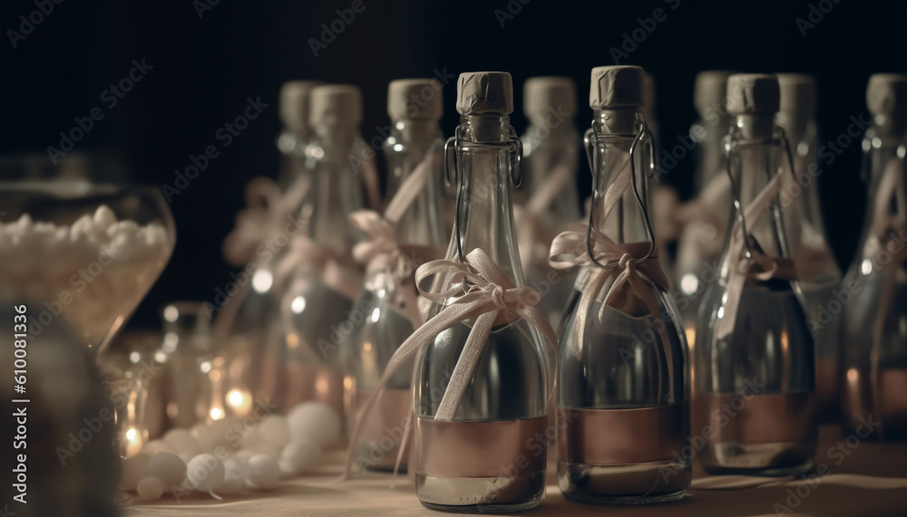 A row of alcohol bottles in a glass collection, indoors generated by AI