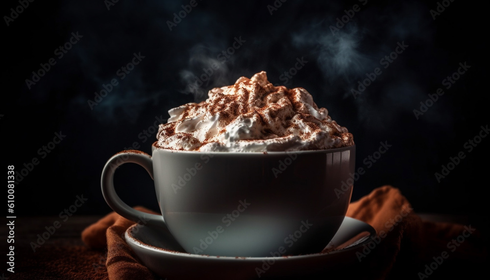 Hot chocolate indulgence on rustic table with whipped cream topping generated by AI