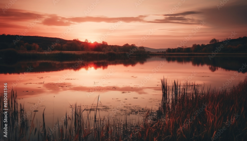 Tranquil sunset over water, nature beauty in vibrant colors generated by AI