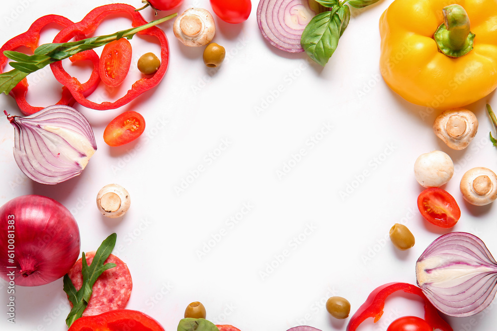 Frame made of ingredients for preparing pizza on white background