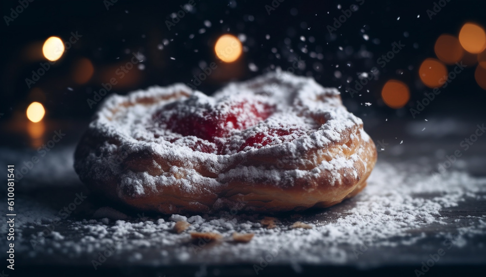 Homemade baked shortbread cookie with chocolate and powdered sugar decoration generated by AI