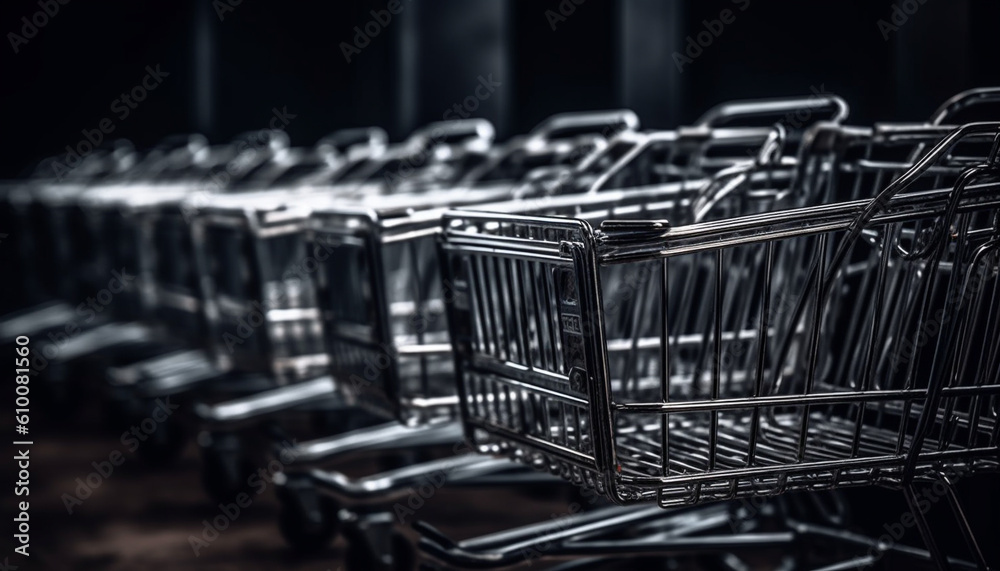 Metallic shopping cart in empty retail store with large merchandise stack generated by AI