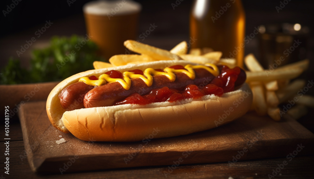 Grilled hot dog on bun with ketchup, fries, and cola generated by AI