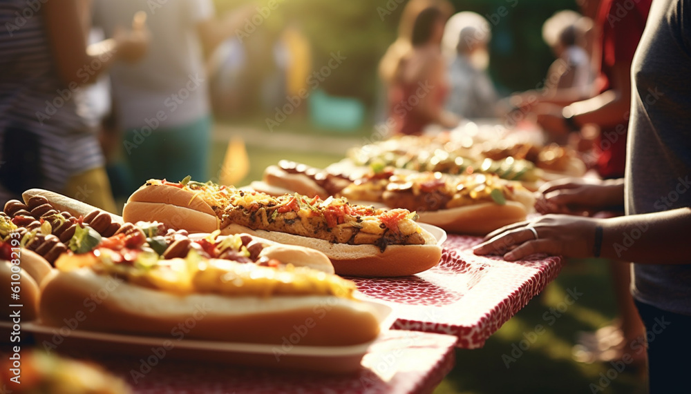 Summer barbecue picnic with grilled meat, hot dogs, and refreshments generated by AI