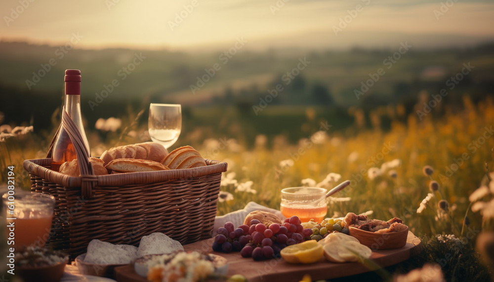 A serene meadow picnic with fresh fruit, wine, and relaxation generated by AI