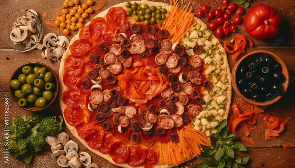 Fresh gourmet meal with healthy vegetables, meat, and Italian ciabatta generated by AI