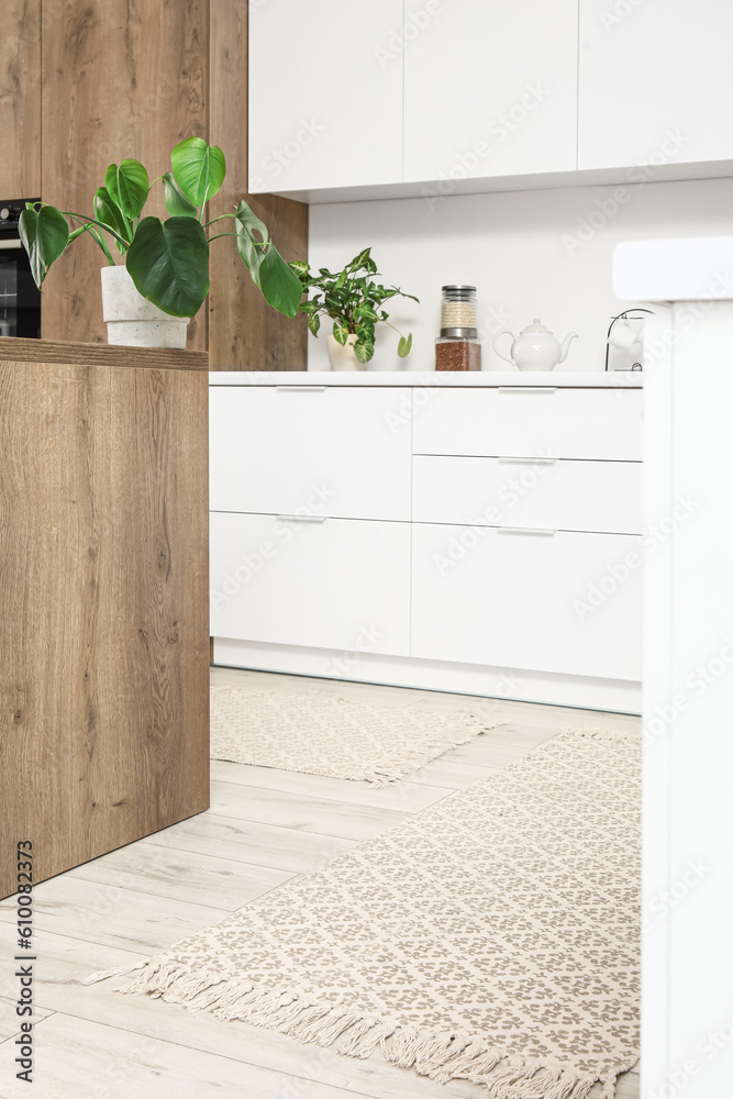 Stylish rug on floor in light kitchen