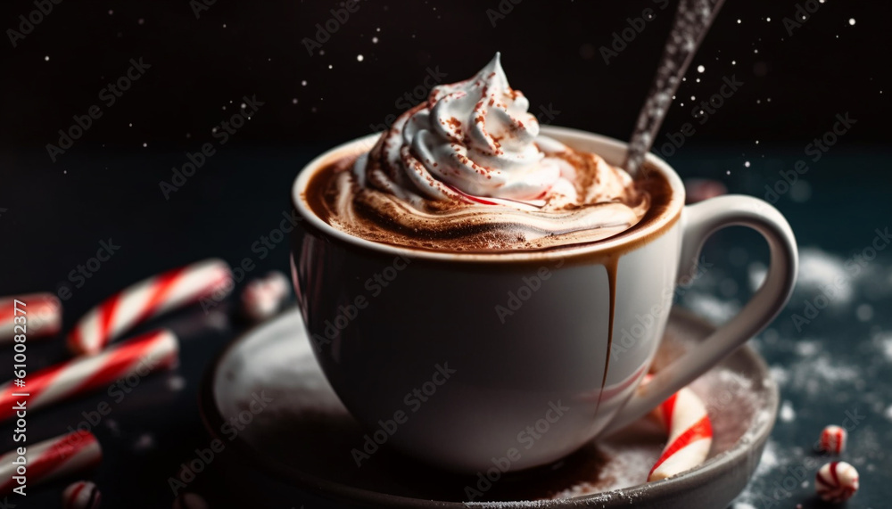 Indulgent hot chocolate with whipped cream and marshmallow decoration generated by AI