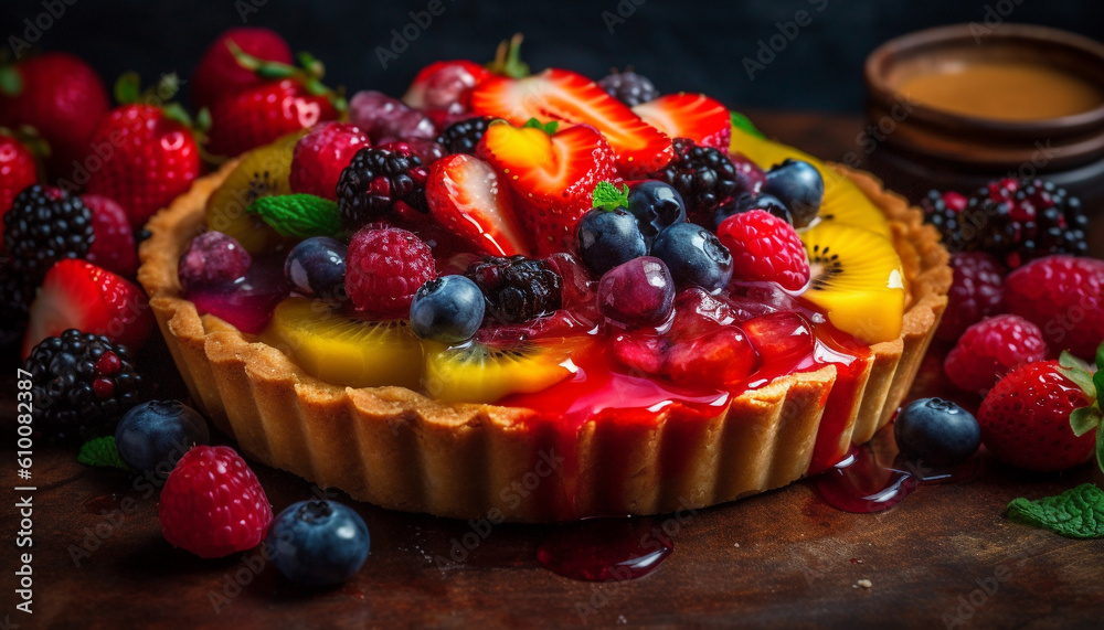 A homemade berry cheesecake on a wood table with mint generated by AI