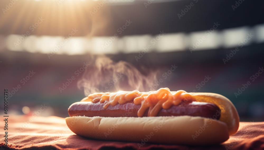 Grilled meat, hot dog, and burger on glowing coal grill generated by AI