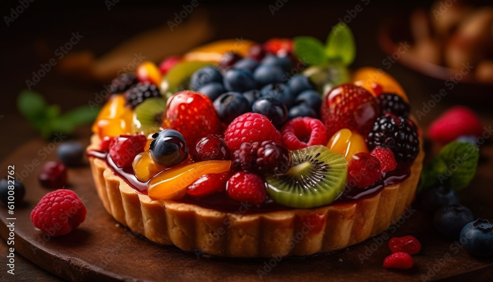 Sweet berry tart with fresh raspberry and blueberry indulgence generated by AI