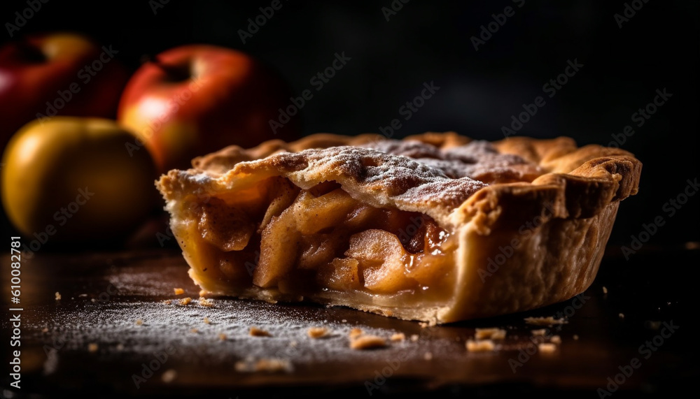 Homemade apple pie slice, baked with pastry dough and sweetness generated by AI