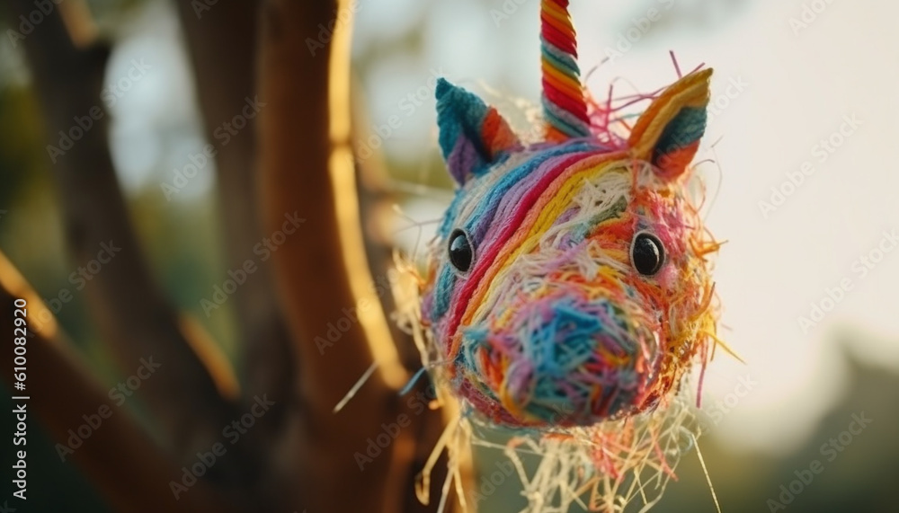 Colorful toy horse head decoration in green grass with vibrant colors generated by AI