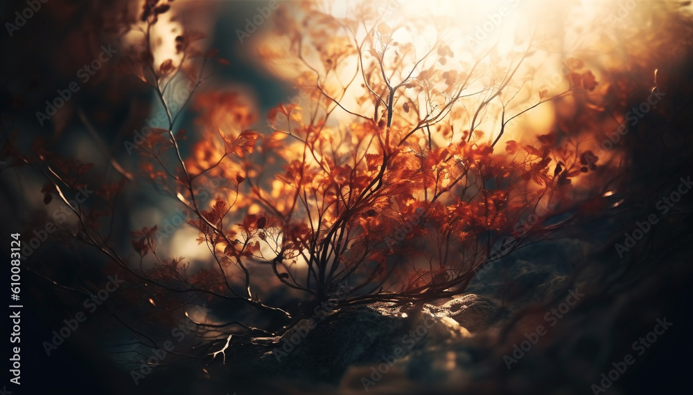 Vibrant autumn tree branch in tranquil forest at sunset generated by AI