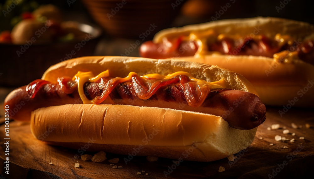 Grilled hot dog on bun with ketchup, onion, and relish generated by AI